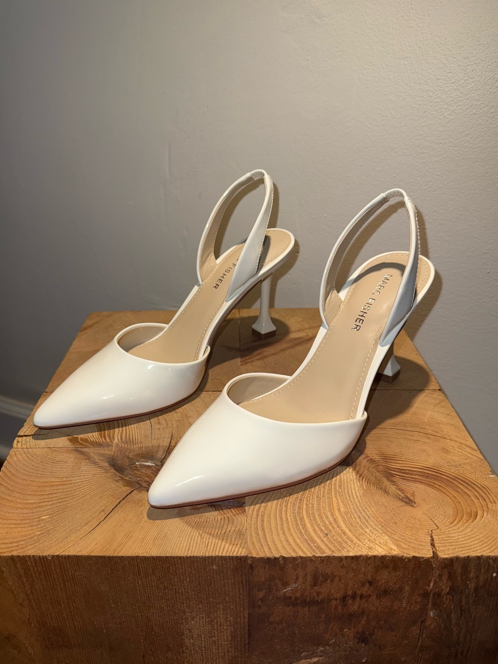 Marc Fisher White Patent Pointed Slingback Heels